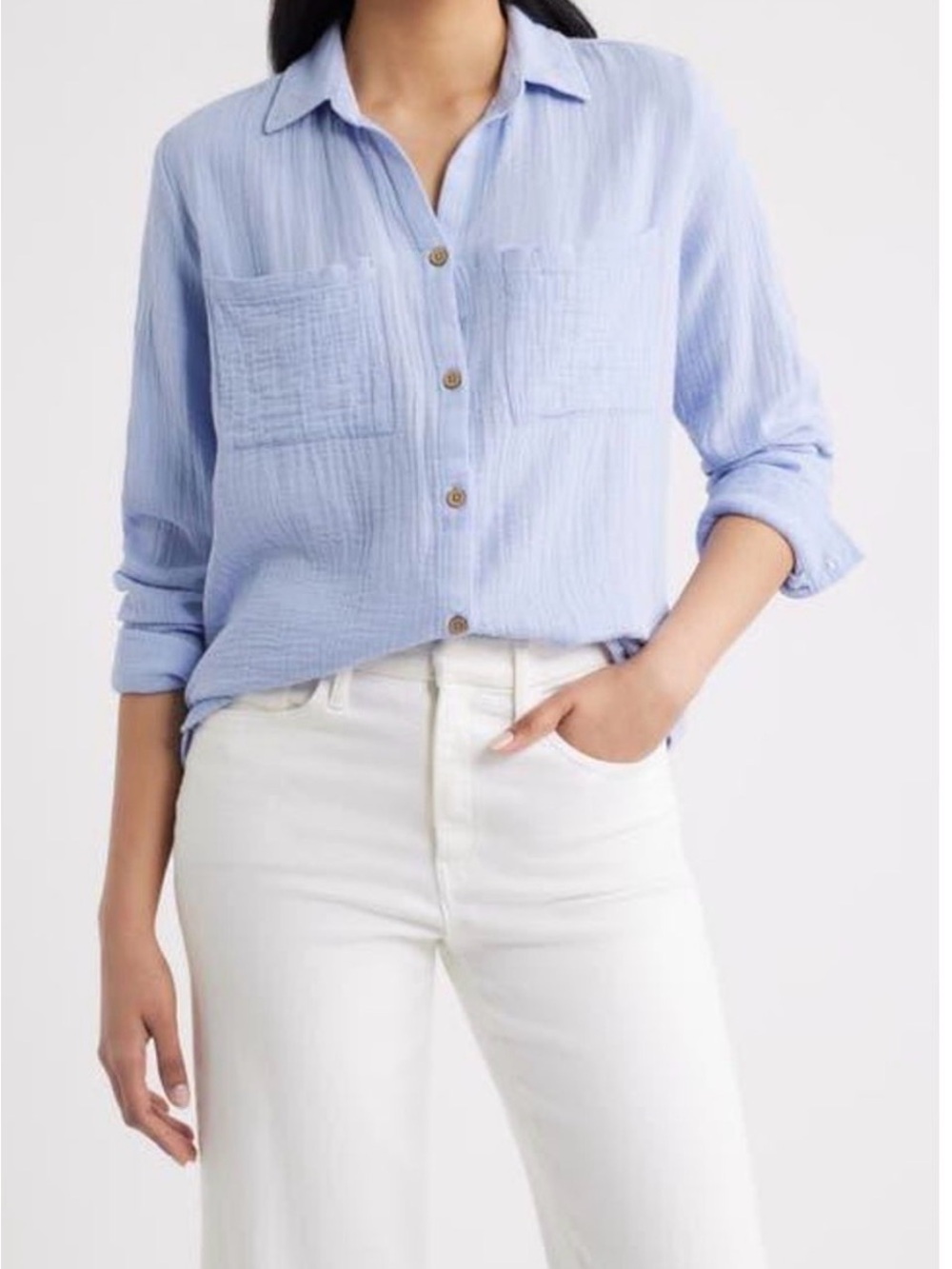 beachlunchlounge Light Blue Micaela Cotton Button-Up Shirt L